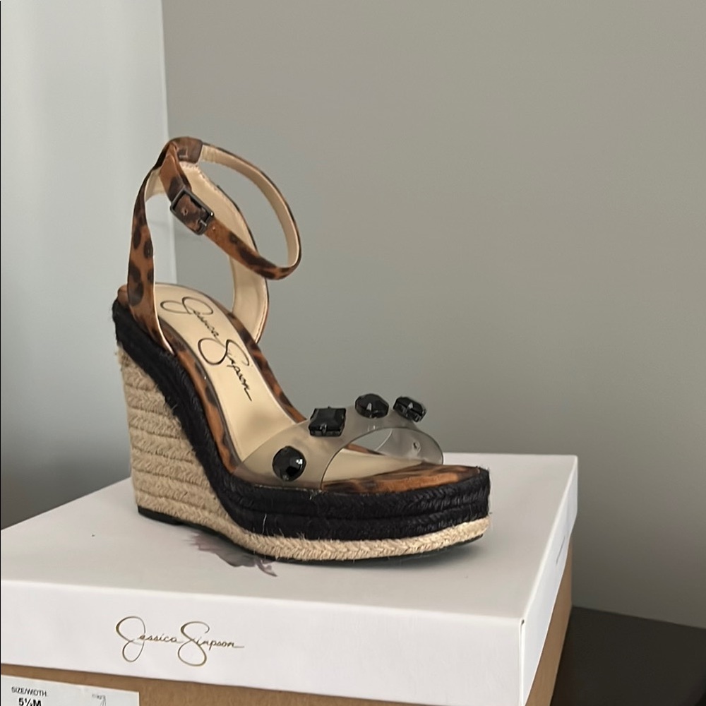 Jessica Simpson Black and Tan Espadrille Wedges